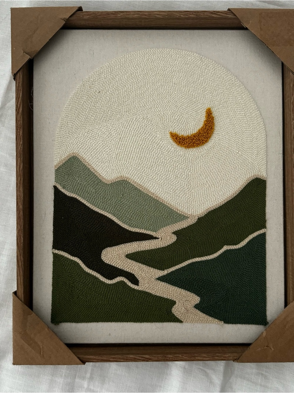 Embroidered Landscape Wall Art - Green & Cream with Mustard Moon
